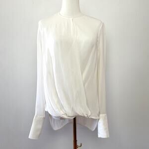 rag & bone Quiet Luxury Minimalist White Silk Draped Long-Sleeve Women’s Top